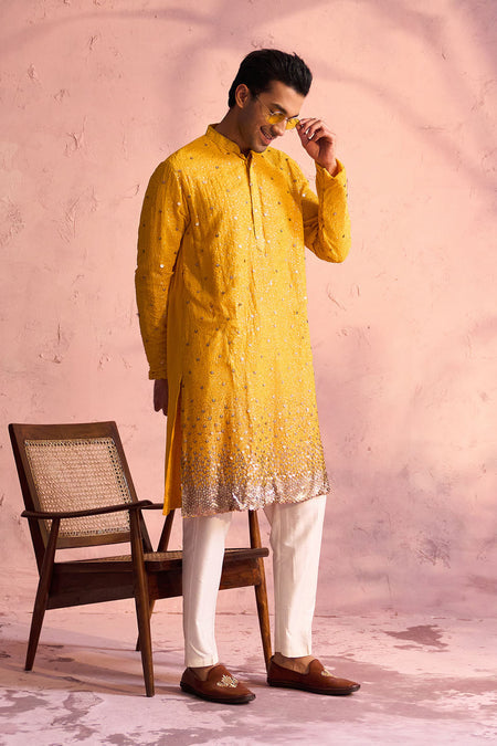 SHRESTHA By VASTRAMAY Men's Yellow Georgette Zari With Sequins Worked Kurta pant Set